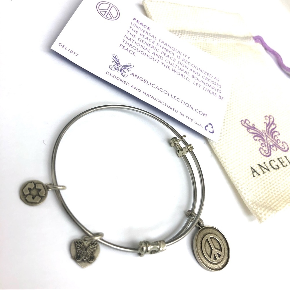 Angelica Collection Antique White Brass Peace Symbol Bangle Bracelet
